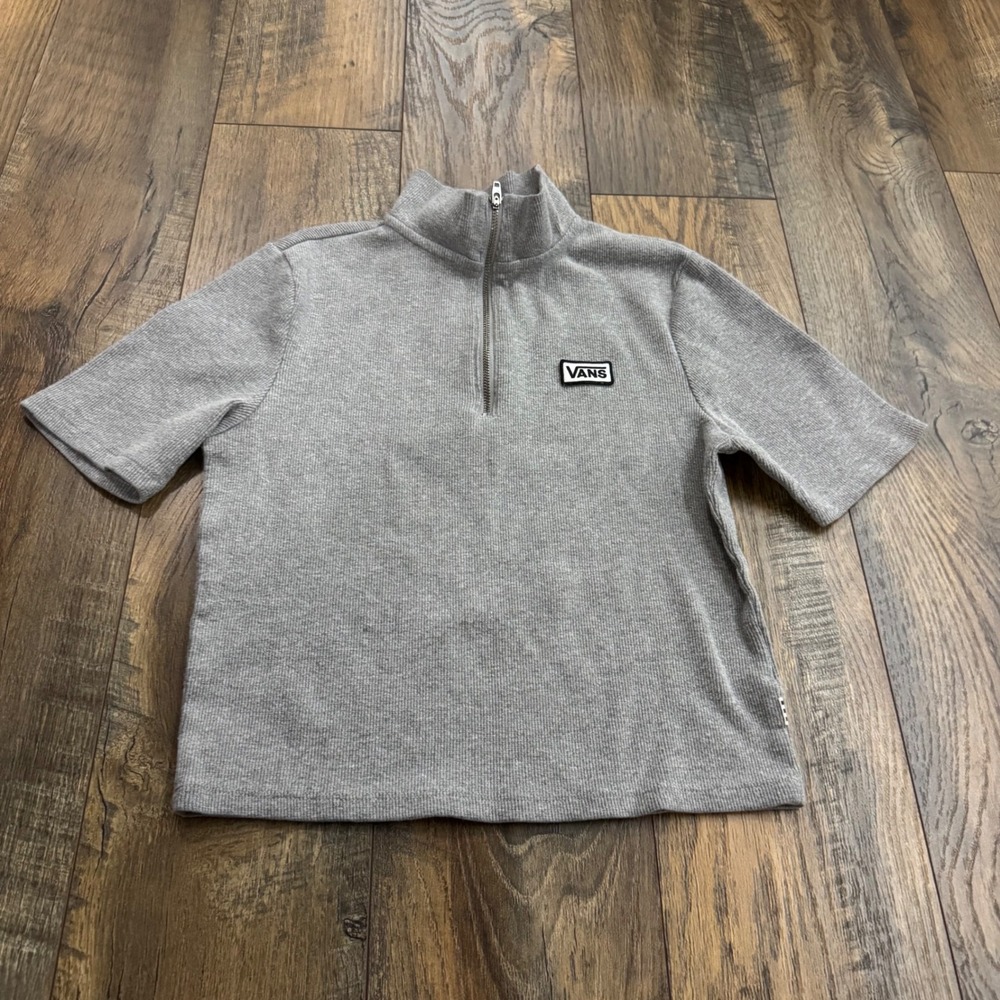 Vans Womens Gray Ribbed Quarter Zip Short Sleeve Crop Top Mock Neck Size M Y2K